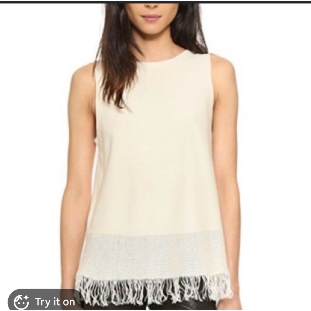 Theory Vendla Prosecco Sleeveless Fringe Knit Top Cream Ivory Linen Blend Large